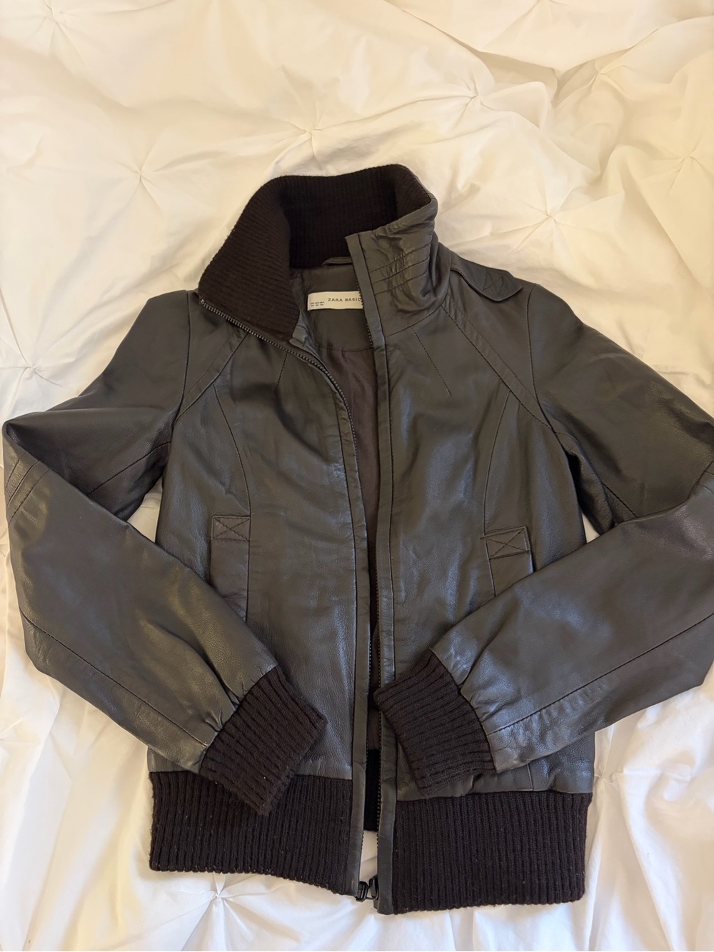 Zara Real 100% Leather Bomber Jacket with Ribbed Knit Trim
